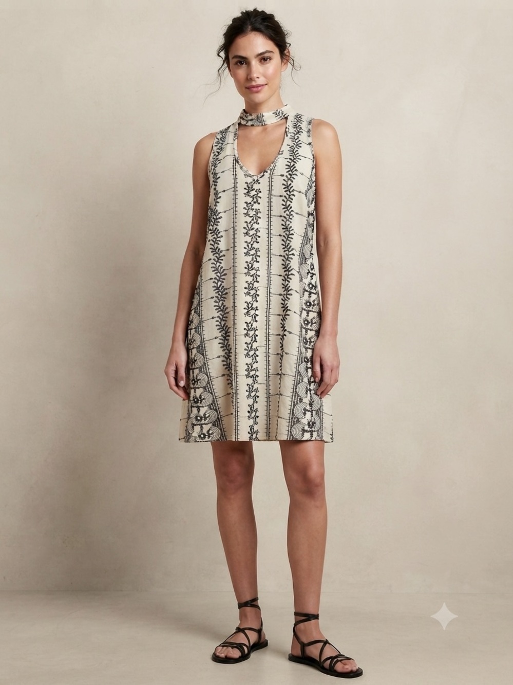 Vintage Havana Sleeveless White w Black Embroidery Mini Dress with Choker Detail